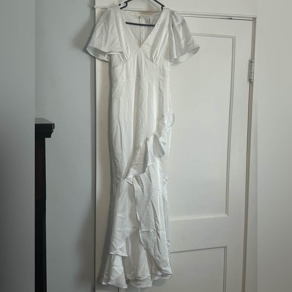 Lulus Eternal Bond White Satin Ruffled Flutter Sleeve Maxi Dress White XS